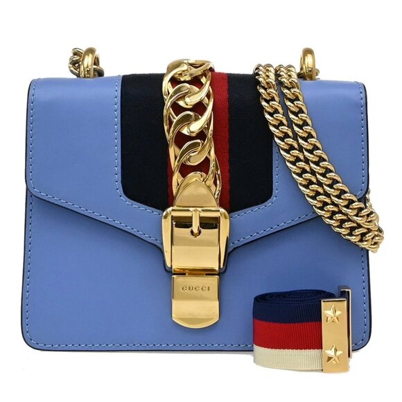 GUCCI Logo Sylvie Chain Mini Shoulder Bag Leather Blue GHW Italy 93RF525 - Picture 1 of 16